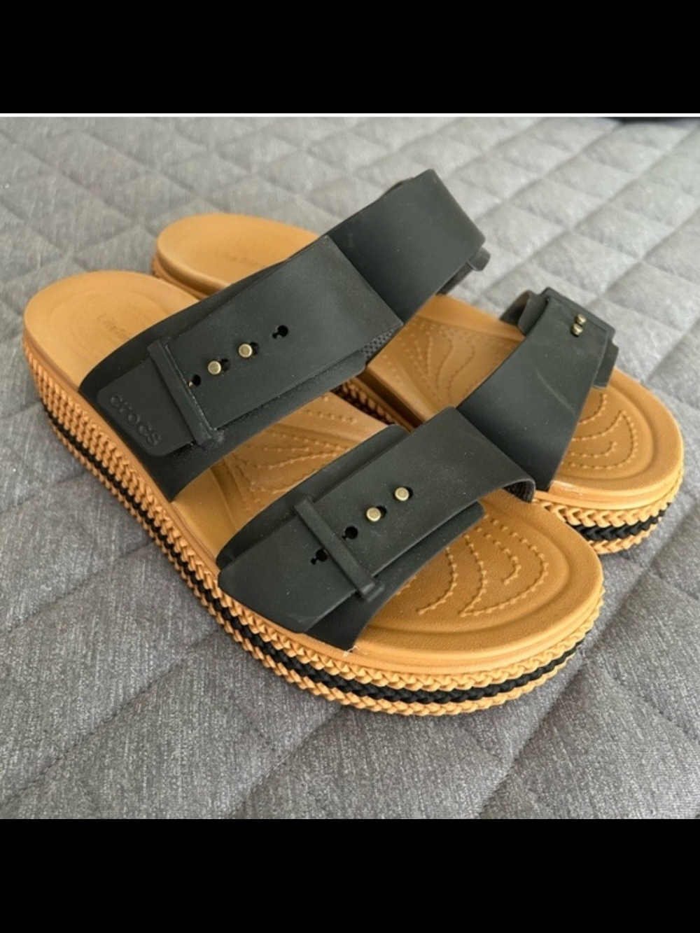 Crocs Black Double-Buckle Slide Sandals with Tan Footbed Size 8 - Picture 3 of 4